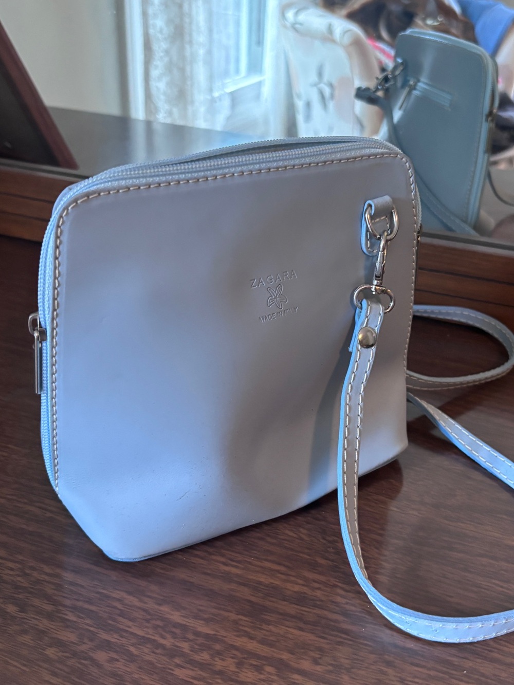 Leather Light Blue Crossbody Bag with Silver Hardware